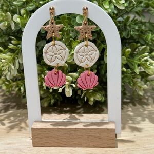 Sand Dollar & Shell Drop Earrings in Pink and Cream